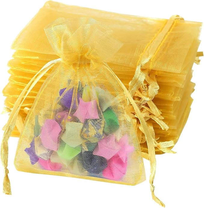 100Pcs Organza Gift Bags Gold Small Jewelry Pouches Wedding Jewelry Bag 2x3 Inch Favour bags Lavender Bag for Wedding Birthday Party Christmas Candy Mesh Bags