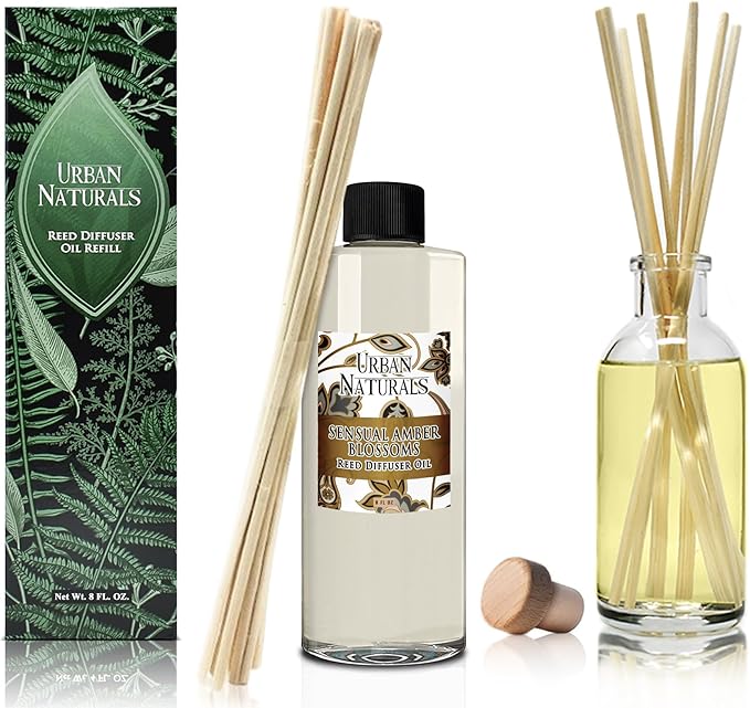 Urban Naturals Reed Diffuser Oil Refill Sensual Amber Blossoms with Jasmine, Freesia, Plum, Orange Blossom, Vanilla 8 oz + Free Reed Sticks, Made in The USA