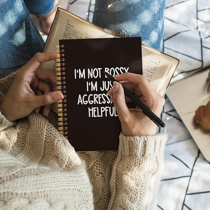 Funny Office Notebooks for Work, Sarcastic Gifts, Office Supplies, I'm Not Bossy I'm Just Aggressively Helpful College Ruled Hardcover Spiral Notebook 5.5x8.3