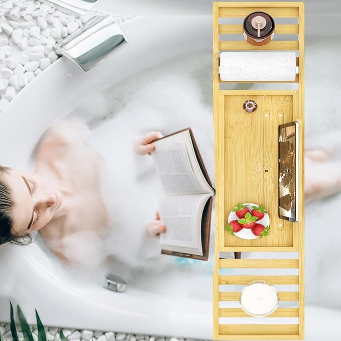Bathtub Tray - Bath Tray Expandable - Bath Table Trays for Bathtub/Tub,Premium Bamboo Wooden, Fits Most Bath Tubs