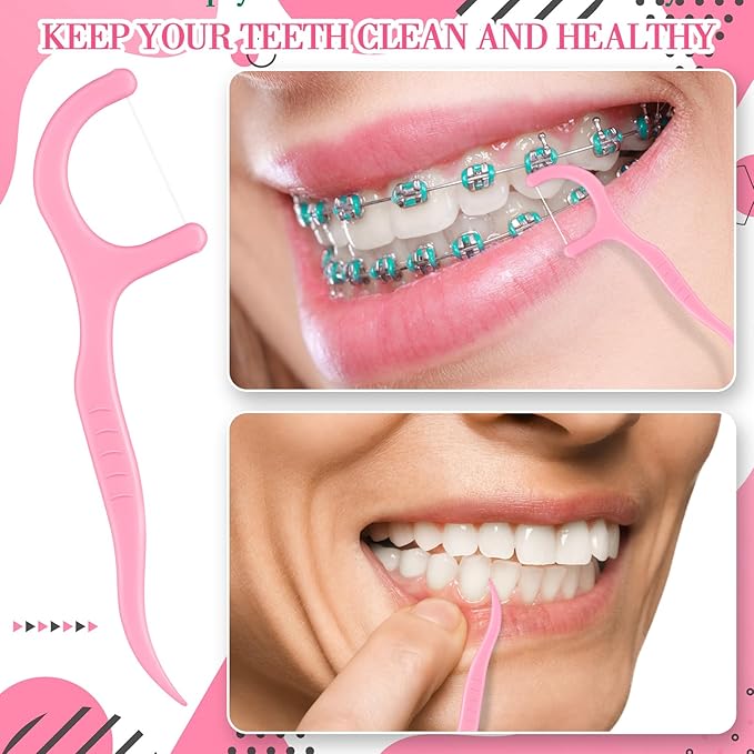 Baderke 200 Count Floss Picks Bulk Non Breakable Tooth Picks Flosser Dental Floss Sticks for Adults Teeth Cleaning Dental Flossers for Family Pack Travel(Pink)