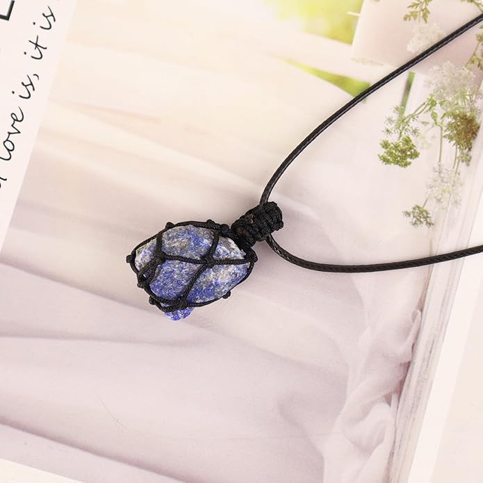 Handmade Natural Gemstone Crystal Pendant Necklace Stone Holder Necklace Cord Net Necklace with Adjustable Length for Women Men