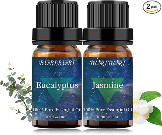 BURIBURI Jasmine Essential OIil and Eucalyptus Oil 2Pack Natural Eucalyptus Essential Oils 10ml for Diffusers (Jasmine+Eucalyptus)