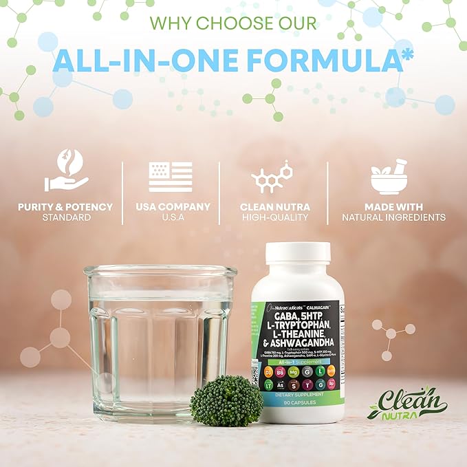 Clean Nutraceuticals GABA 750mg 5 HTP 200mg L Tryptophan 500mg L Theanine 200mg Ashwagandha SAM-e L-Glycine - Mood Support Vitamins for Women and Men with L-Tyrosine 5-HTP (5-Hydroxytryptophan)