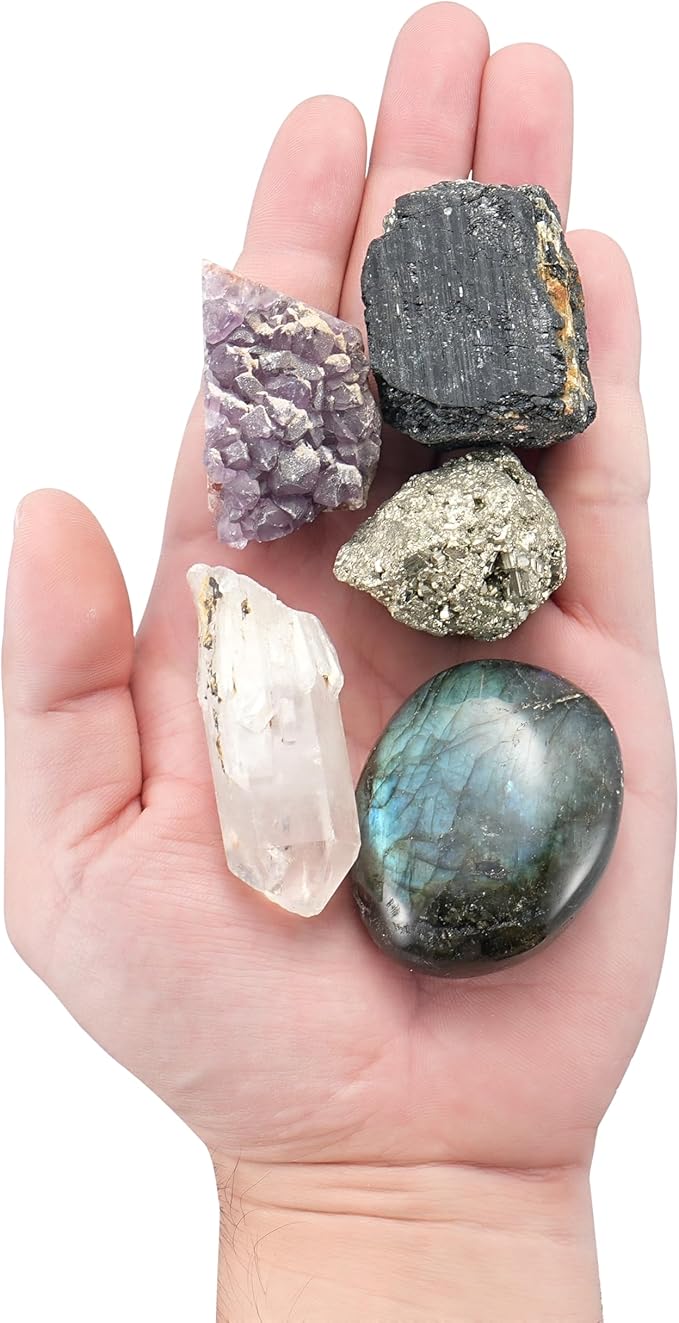 QianCannaor Protection Clarity Abundance Crystal Set – Amethyst Cluster, Pyrite, Black Tourmaline, Clear Quartz, Labradorite Healing Crystals for Meditation, Energy, and Spiritual Balance