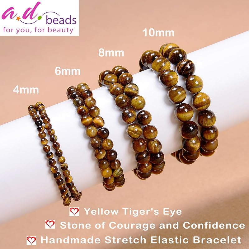 AD Beads Handmade Gemstone Stretch Elastic Bracelet Crystal Healing Reiki Nature's Beauty and Spiritual Essence Unisex (10mm, Yellow Tiger's Eye)
