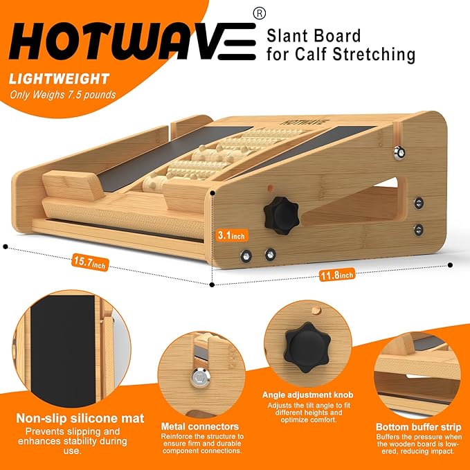 HOTWAVE Slant Board for Calf Stretching with Foot Massage Roller, Calf Stretcher Slant Board for Exercise, Portable Adjustable Bamboo Incline Slantboard for Ankle Knees Leg Physical Therapy Equipment