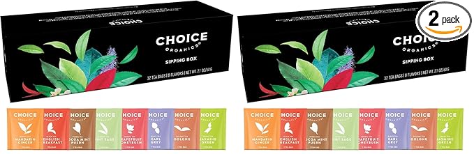 Choice Organic Teas Sipping Box Tea Sampler, Variety Gift Box, 32 Total Tea Bags, 8 Flavors, Caffeinated and Caffeine-Free Teas, Sustainably Sourced Organic and Non-GMO Ingredients (Pack of 2)