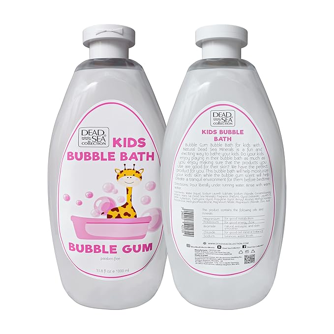 Dead Sea Collection Bubble Bath Kids with Bubble Gum Scent - Cleansing and Moisturizing Liquid Bath Pure Dead Sea Minerals - Pack of 2 Large Bottles (67.6 fl.oz)