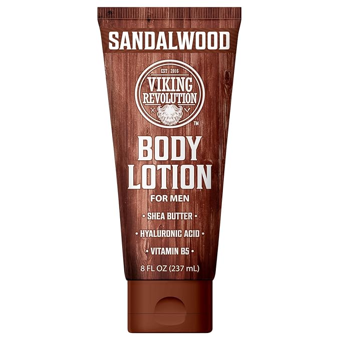 Viking Revolution Sandalwood Body Lotion for Men – Mens Lotion for Dry Skin with Shea Butter, Hyaluronic Acid and Vitamin B5 – Nourishing Mens Body Lotion for Hydrated and Smooth Skin (8oz, 1 Pack)