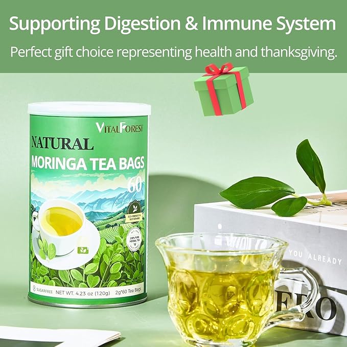 60 Natural Moringa Tea Bags, VitalForest Pure Moringa Leaves Te De Herb, Supports Digestion and Wellness, Caffeine-Free