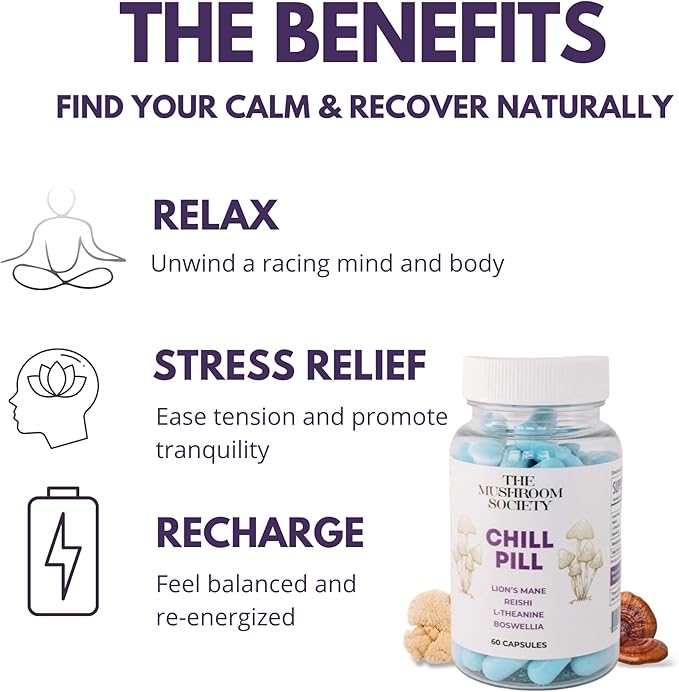 Chill Pill - Lion’s Mane, Reishi, L-Theanine & Boswellia Extract Blend - Mushrooms Supplement for Relax, Recover & Recharge - 120 Vegan Capsules