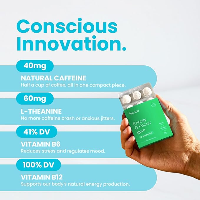 NeuroGum Energy & Focus Gum (54 Count-6 Pack, Spearmint) | 40mg Natural Caffeine + L-Theanine + Vitamin B12 & B6 + Xylitol | Sugar Free Nootropic Cognitive Brain Performance Supplement