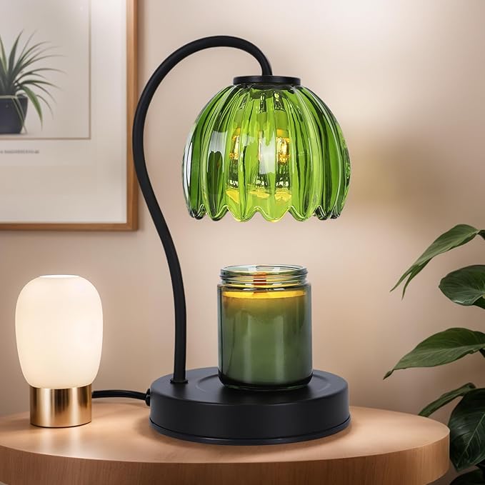 Dimmable Flower Candle Warmer Lamp with Timer, Aromatherapy Candle Lamp for Scented Candles, Modern Green Glass Candle Lamp Warmer, Gifts for Her, Home Bedroom Decor