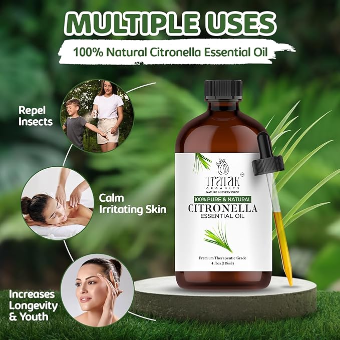 Citronella Essential Oil – 4 Fl Oz – 100% Pure and Natural Citronella Oil for Diffuser and Aromatherapy, Skin, Massage, Candle and Soap Making Fragrance - with Dropper