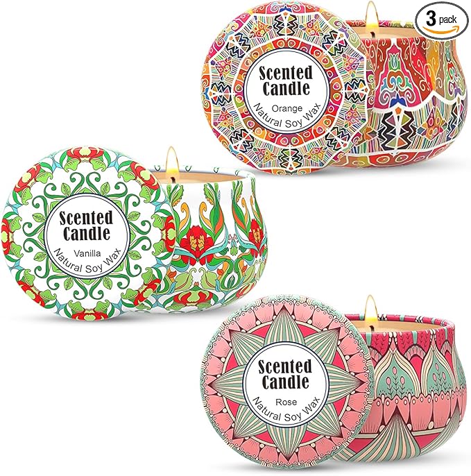3 Packs Rose, Vanilla and Orange Scented Candles Christmas Gift Set for Women, Small 2.5oz Decorative Natural Soy Wax Aromatherapy Candles in Cute Travel Metal Tin for Home Mother's Day