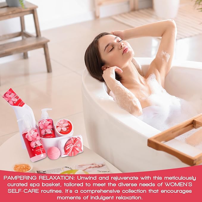 Luxury Spa Gifts for Women – 8 Pc Cherry Blossom Scented Bath and Body Set with Bubble Bath, Lotion & More – Luxury Self Care Kit for Wife, Mom, Girlfriend, Birthday Gifts for Women by Draizee