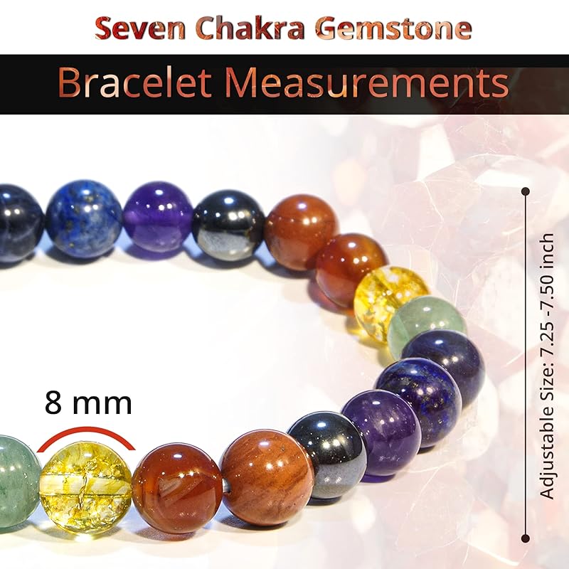 7 Chakra Bracelet, Natural Healing Crystal Bracelet for Women and Men, 8mm Round Beaded Bracelet for Spiritual Healing, Protection, Positive Energy, Elastic Adjustable Size Gemstone Bead Bracelet