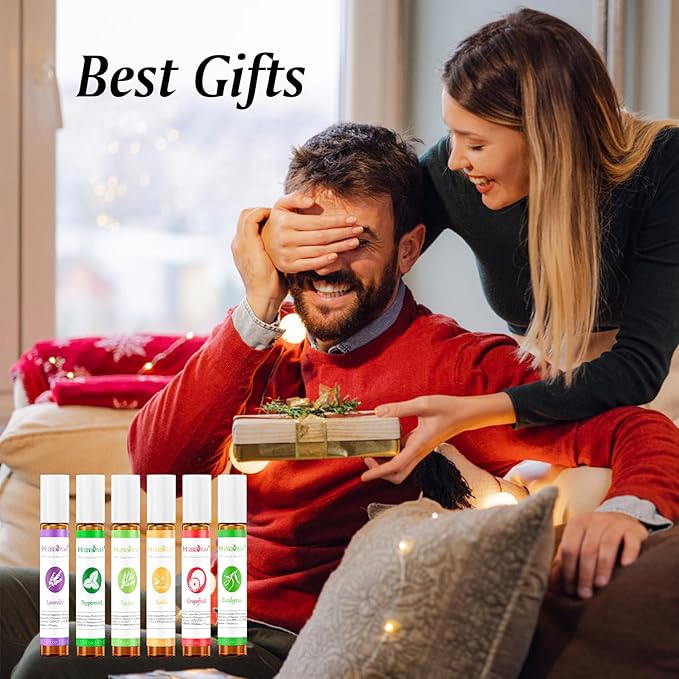 Essential Oil Roll On Set with Lavender, Peppermint, Eucalyptus & Grapefruit, Tea Tree & Vanila - Aromatherapy Relaxation Gift for Women - 6 Pack of 10ml Roll-Ons