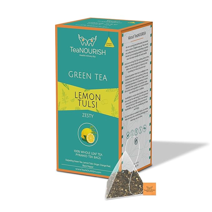 TeaNOURISH Lemon Tulsi Green Tea | 20 Count Pyramid Tea Bags | Darjeeling Whole Leave | Stress Relief Tea | Immune Support Tea | 100% Natural Infusion