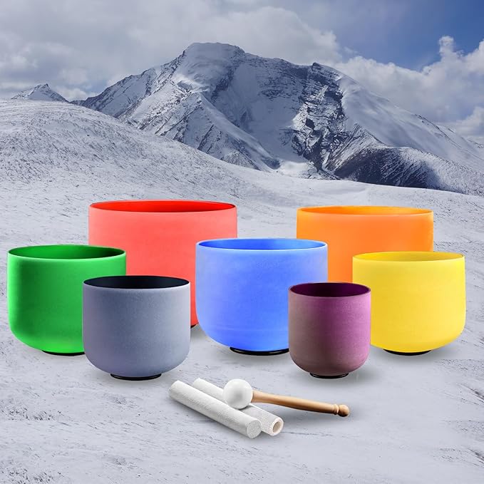 KRESEC 432Hz 6-12 Inch Crystal Singing Bowls Set of 7 – Multicolored Quartz Chakra Tuned Sound Healing Bowls for Meditation, Yoga & Reiki with Padded Cases, Suede Mallets & Silicone O-Rings
