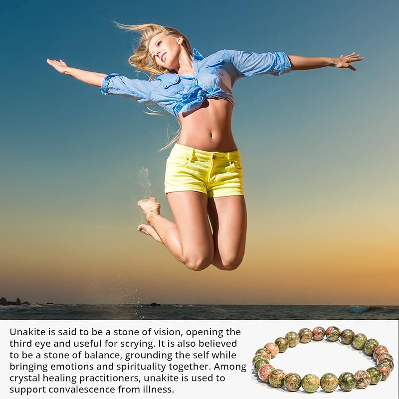 Genuine Unakite Bracelet, Natural Healing Crystal Bracelet for Women and Men, 8mm Round Beaded Bracelet for Relieve Stress, Depression, love, Elastic Adjustable Size Gemstone Bead Bracelet
