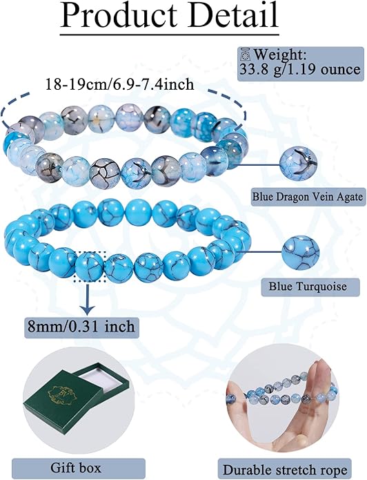 Bivei Natural Gemstone Semi Precious Healing Crystals Handmade Stretchy Round Beads Bracelet, Enhance Positive Energy