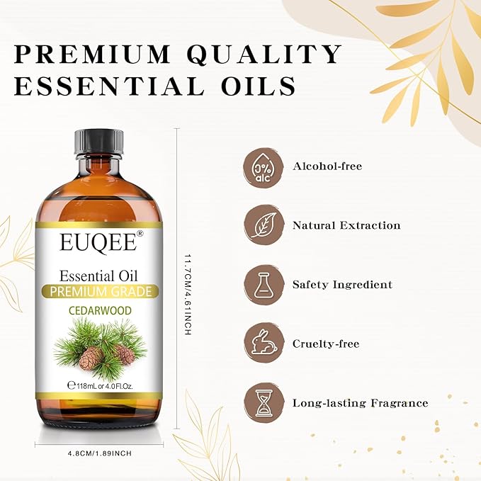 EUQEE Cedarwood Essential Oil 118mL Pure Cedarwood Oil Premium Essential Oil for Diffuser, Humidifier - with Glass Dropper (4fl.oz)