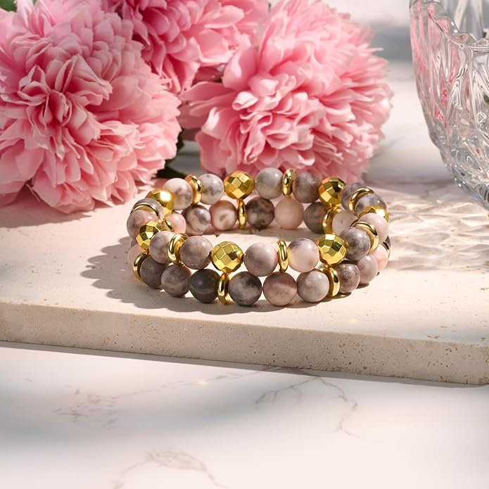 Bivei Natural Gemstone Semi Precious Healing Crystals Handmade Stretchy Round Beads Bracelet, Enhance Positive Energy