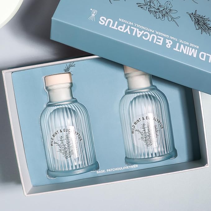 Wild Mint & Eucalyptus Reed Diffuser Set, 2-Pack Aroma Essential Oils, Basil and Ginger Scented Oil Home Fragrance with 10pcs Sticks, Aromatherapy Air Freshener for Room Shelf Bathroom Decor