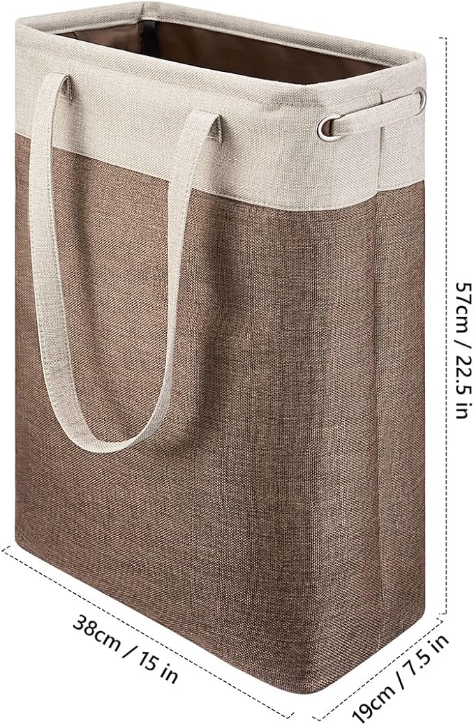 i BKGOO Laundry Basket with Handles Beige&Brown Slim Laundry Bin Collapsible Dirty Clothes Basket Narrow Laundry Bag Foldable Dirty Hamper for Camping, Dorms, Apartments