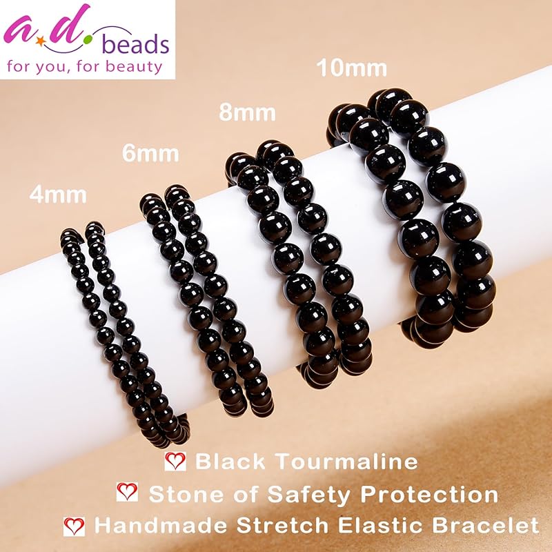 AD Beads Handmade Gemstone Stretch Elastic Bracelet Crystal Healing Reiki Nature's Beauty and Spiritual Essence Unisex (4mm, Black Tourmaline (Best protection))