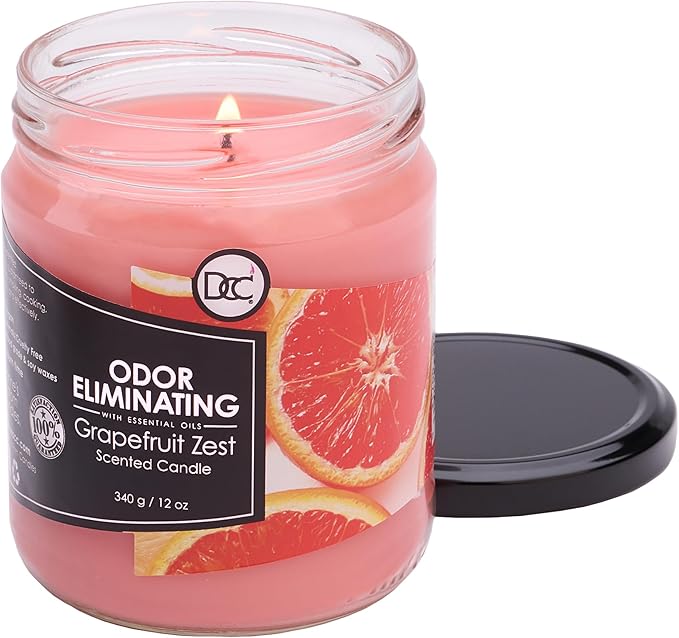Grapefruit Zest Odor Eliminating Highly Fragranced Candle - Eliminates 95% of Pet, Smoke, Food, and Other Smells Quickly - Up to 80 Hour Burn time - 12 Ounce Premium Soy Blend