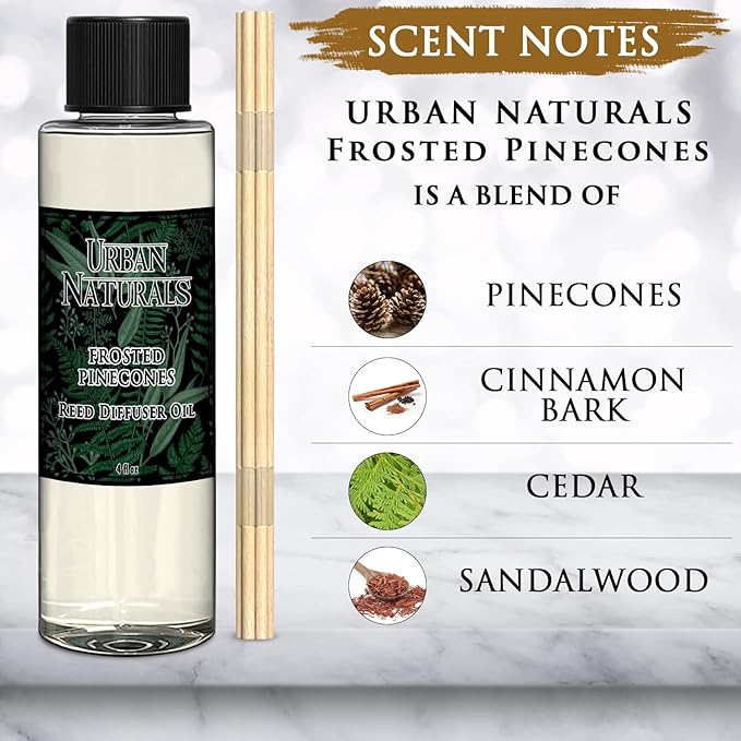 Urban Naturals Frosted Pinecones Holiday Oil Reed Diffuser Refill with Free Set of Reed Sticks – Pine, Cinnamon, Clove, Cedar Wood, Sandalwood and Vanilla Bean – Vegan, 4 oz, Made in The USA