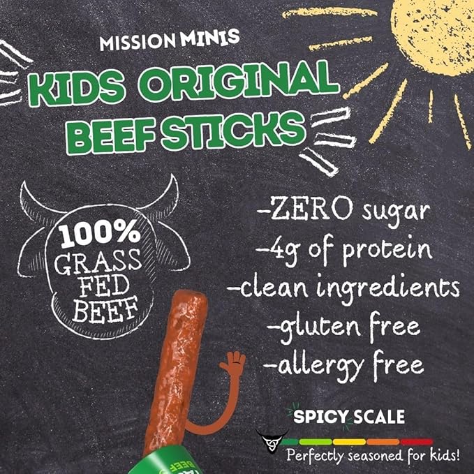 Mission Meats Kids Beef Sticks – 100% Grass Fed & Pasture Raised, Healthy Snacks for Kids, Sugar Free Protein, Gluten & Nut Free, Individually Wrapped, Mini 0.5oz (24ct Bag)