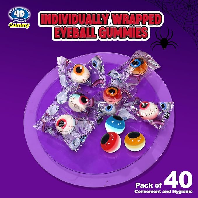 Amos Eyeball Gummy Candy – Halloween Gummy Eye Candy Treats for Kids & Parties, 3D Gummy Eyeballs, Individually Wrapped, 40 Count, 9oz Bag