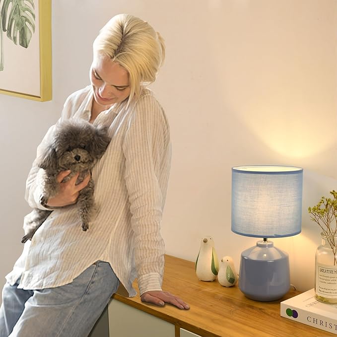 Lampwell Lena Modern Ceramic Bedside Lamp for Living Room & Bedroom, Kids Night Light, 7.09H12.99IN, Light Blue