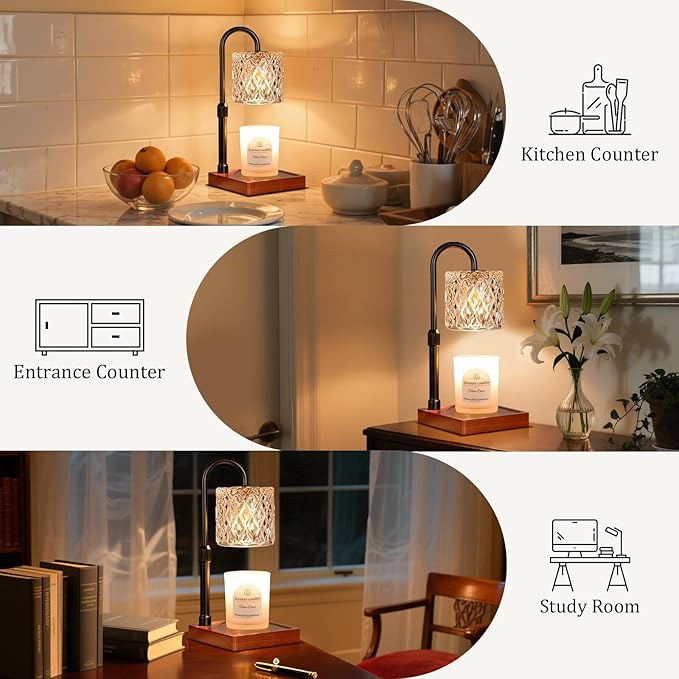 Candle Warmer Lamp with Timer -Dimmable Adjustable Height Wax Melt Warmer for Jar Candles,Vintage Home Decor with Elegant Amber Glass,Birthday Gifts for Women, Mom, Friend