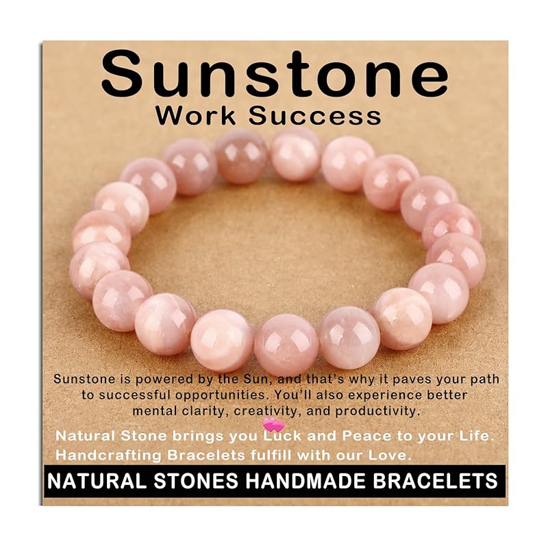 AD Beads Handmade Gemstone Stretch Elastic Bracelet Crystal Healing Reiki Nature's Beauty and Spiritual Essence Unisex (10mm, Sunstone (Work Success))