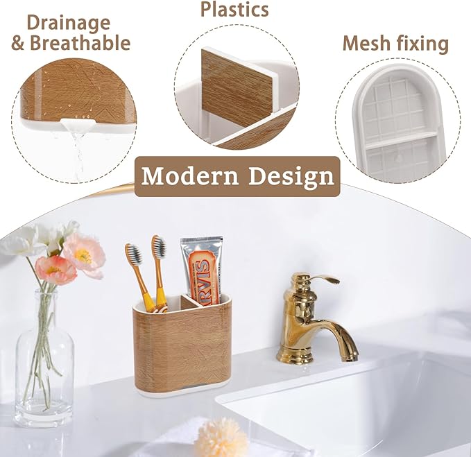 Toothbrush and Toothpaste Holder with Divider for Bathroom Countertop Organizer, 2 Slots Electric Toothbrush Holders Storage Caddy Drainage for Family, Kids(Wood Grain)