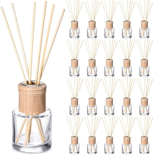 Roshtia 20 Set Reed Diffuser Bottle Empty Refillable Fragrance Glass Diffuser Bottles Set with Wooden Caps Rattan Sticks 50ml 1.7 oz Round Glass Jars for DIY Fragrance