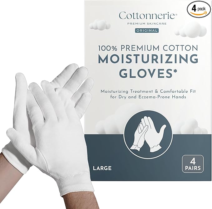 Cottonnerie Original Cotton Gloves for Dry Hands Sleeping, Moisturizing Gloves Overnight, Hand Moisturizer Gloves, Moisture Gloves for Dry Hands Overnight, Sleeping Gloves, Large 4 Pairs