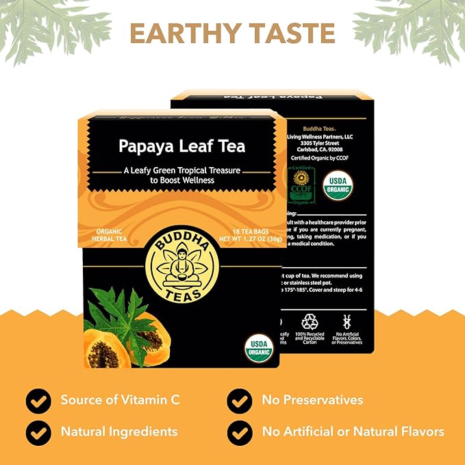 Buddha Teas Organic Papaya Leaf Tea - OU Kosher, USDA Organic, CCOF, 18 Bleach-Free Tea Bags
