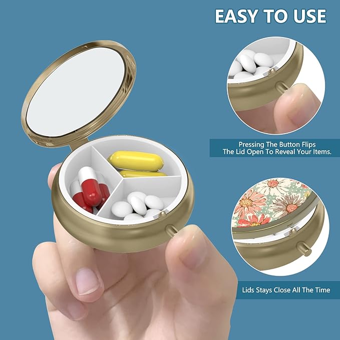 Hion Pill Case Pill Box with Mirror Retro Small Pill Case for Purse or Pocket Bronze Pill Box or Vitamins, Fish Oil, Supplements, Pill Containe Travel Gifts (2PCS)