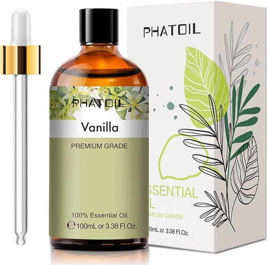 PHATOIL 100ML Vanilla Essential Oil, Huge 3.38fl.oz Bottle Vanilla Oil, Pure Aromatherapy Essential Oils for Diffuser, Humidifier, Scented Oils for Soap, Candle Making