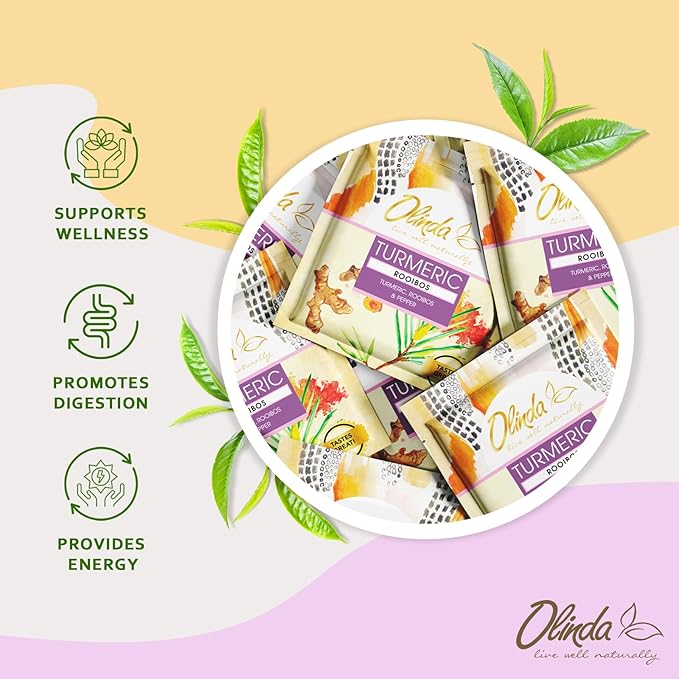 Olinda Turmeric Rooibos and Pepper Herbal Tea Organic Caffeine Free Tea for Weight Loss Detox and Antioxidant Support 28 Tea Bags Hot or Cold Brew