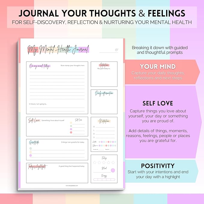 Mental Health Journal Planner | Daily Gratitude, Self Care, Intentions, Affirmations and Nutrition (Colorful, A4)