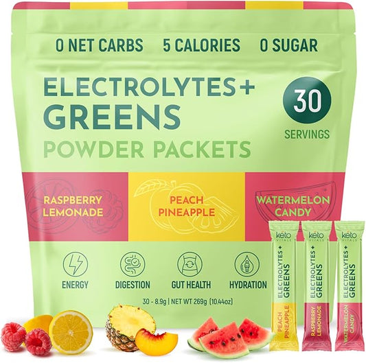 Keto Vitals Keto Electrolytes Plus Greens Superfood Powder Packets - 30 Servings Super Greens Powder Packets with Sugar Free Electrolytes for Hydration, Gut Health & Digestion - Organic Green Blend