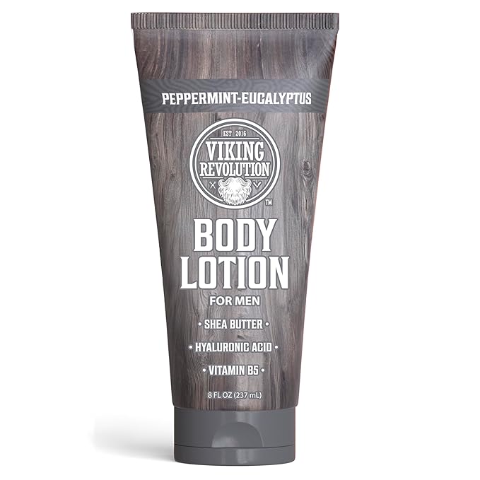 Viking Revolution Peppermint Eucalyptus Body Lotion for Men –Mens Lotion for Dry Skin with Shea Butter, Hyaluronic Acid and Vit B5 –Nourishing Mens Body Lotion for Hydrated and Smooth Skin(8oz,1 Pack)
