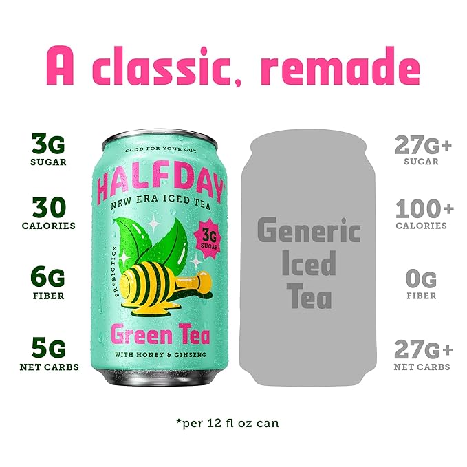 HALFDAY Prebiotic Green Tea with Honey & Ginseng, Supports Digestive & Gut Health, 6g Plant Fiber, Low Sugar, 30 Calories, Natural Caffeine, Gluten Free, 12 fl oz (12 pack) Packaging May Vary